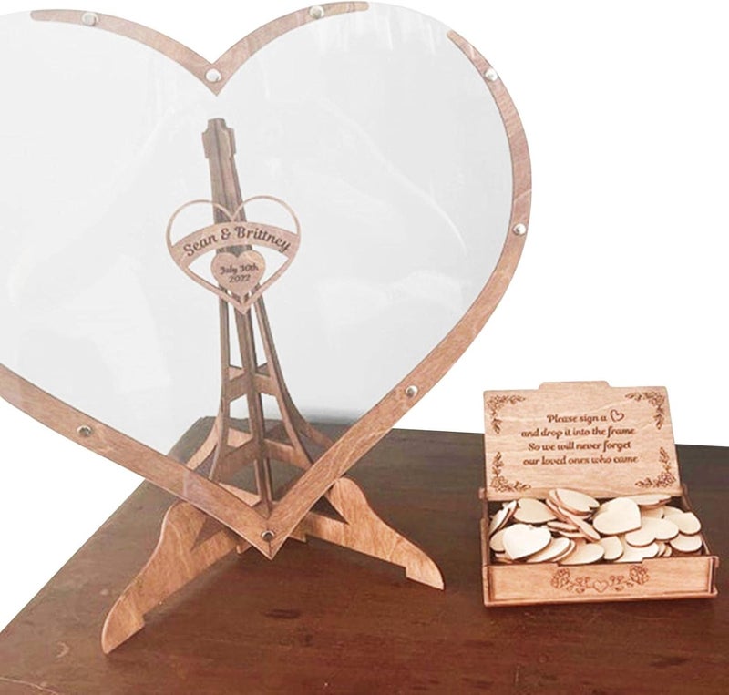 ويوبلز بديل لدفتر ضيوف حفل الزفاف | دفتر توقيعات زفاف خشبي على شكل قلب | ديكورات دفتر توقيعات زفاف ريفية بإطار متدلي مع 60 قلبًا خشبيًا صغيرًا - Image 1